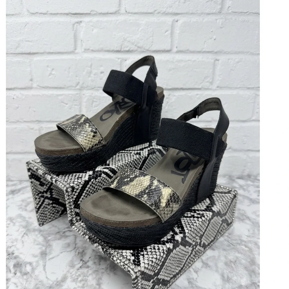OTBT 🖤🩶🖤 leather Snakeskin print Platform Wedge Sandals woven Ankle Strap 8.5